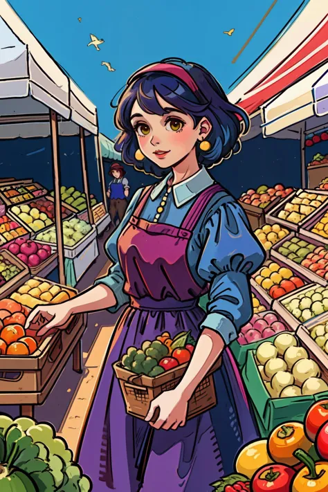2d, lineart, (style of Dorothy Johnstone :1.25), A vibrant farmer's market, bustling with people and colorful produce