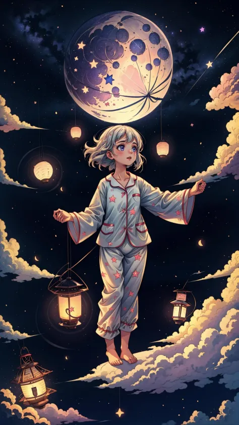 high quality, 1girl, dreaming, floating lantern, moon, stars, pajamas, <lora:more_details:0.8>