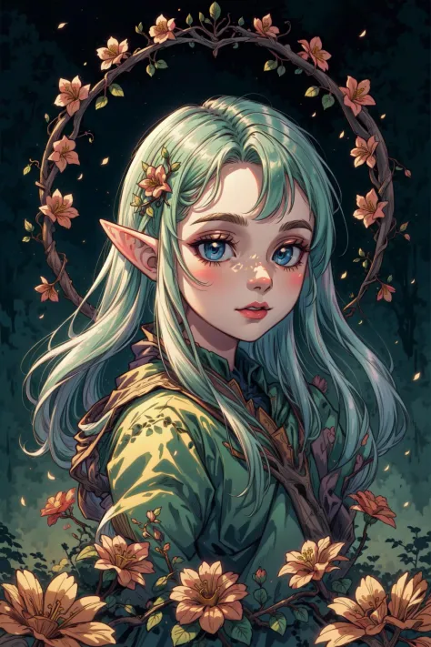 high quality, portrait, elf, elf ears, flowers, twisted vines boarder, sunlight background, <lora:more_details:0.8>