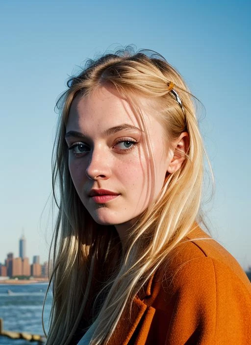 retrato de mujer sks en nueva york, estatua de la libertad en el fondo, por Flora Borsi, style por Flora Borsi, atrevido, colores brillantes, ((Flora Borsi)), por Annie Leibovitz, 