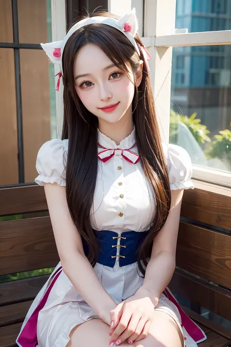 a close up of a woman sitting on a bench wearing a dress