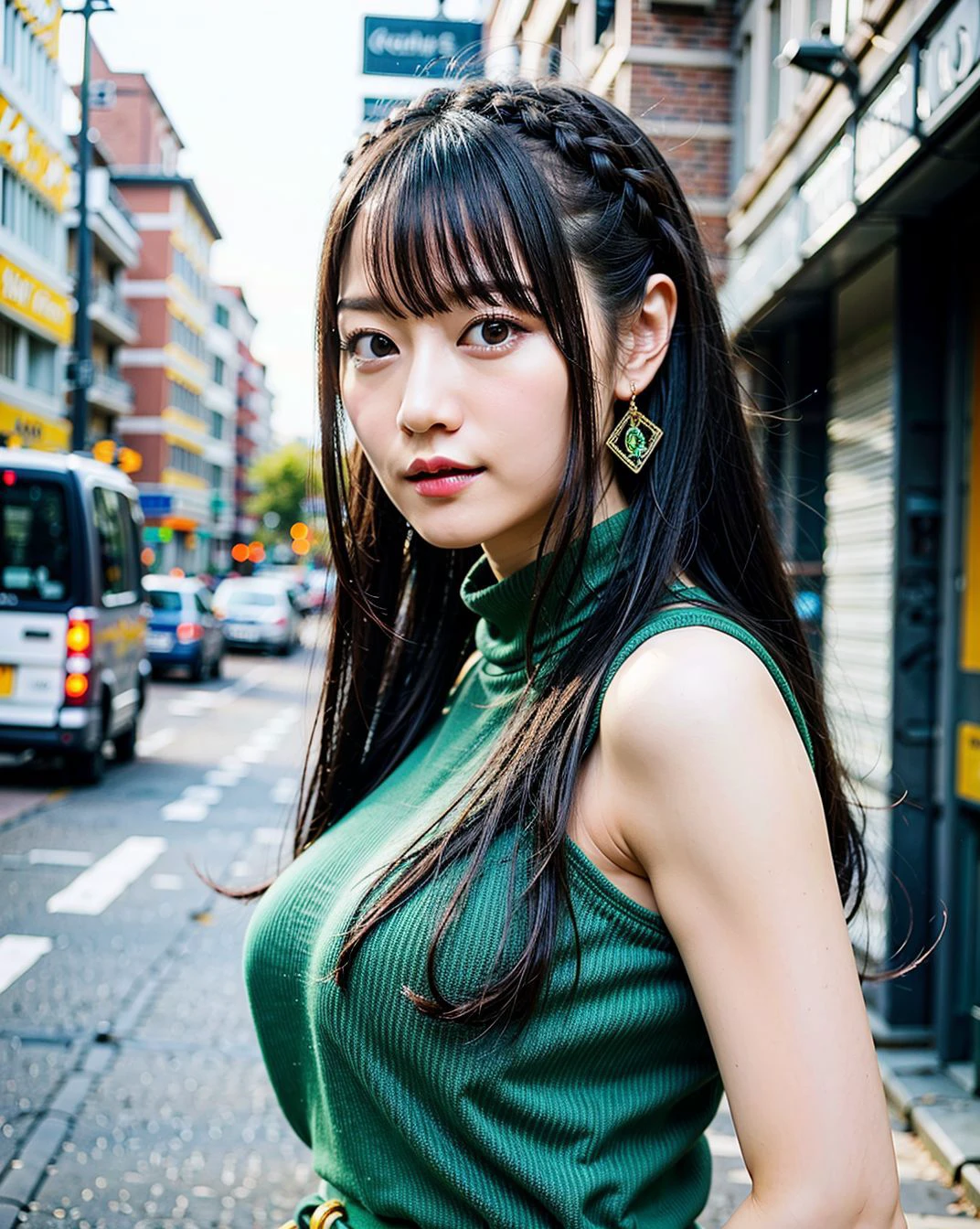 a woman posing on the street corner with green dress on, best quality, high res, 8k, 1girl, (huge breasts), day, bright, outdoor, (street:0.8), (people, crowds:1), (lace-trimmed dress:1.5, green clothes:1.5, yellow high-neck dress:1.5, sleeveless dress, green: 1.5), gorgeous, (braided hair), beautiful detailed sky, beautiful earrings, (dynamic pose:0.8), (upper body:1.2), soft lighting, wind, shiny skin, looking at viewer,  serious face, 
