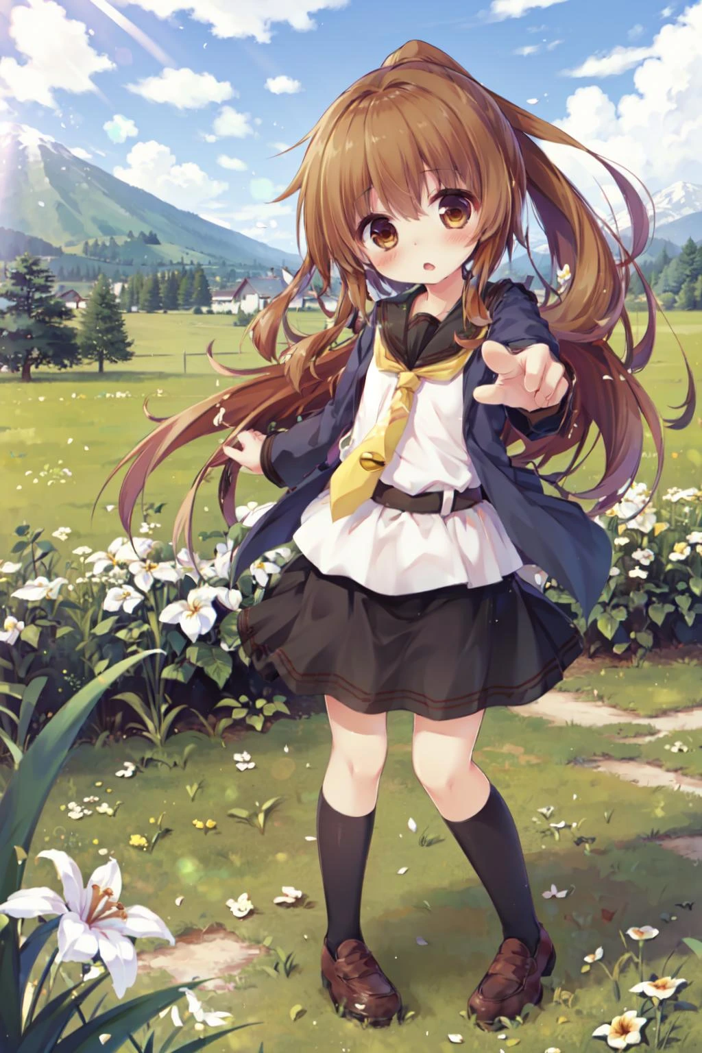 (masterpiece), (best quality), (ultra-detailed), photorealistic, (best illustration), ((an extremely delicate and beautiful)), 1girl, solo, ((fumikaini)), full body, black sailor collar, blue jacket, white shirt, yellow neckerchief, crescent tie clip, very long hair, ponytail, smile, flat chest, detailed scenery, sunlight, horizon, mountain, grass, belt, black skirt, :o, (chestnut mouth), pointing at viewer, brown eyes, pointing, loafers, kneehighs, black legwear, standing, black wrist cuffs, finely detailed iris