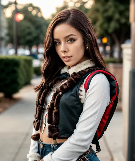 cinematic photo , photo,  <lora:quiron_VannaBardot_v1230_Lora:0.77> vannabardotquiron, vannabardot, 1girl, long hair, brown eyes, lips, realistic, Traditional Brown Faux fur vest with Button suspenders and Backpacks , . 35mm photograph, film, bokeh, professional, 4k, highly detailed