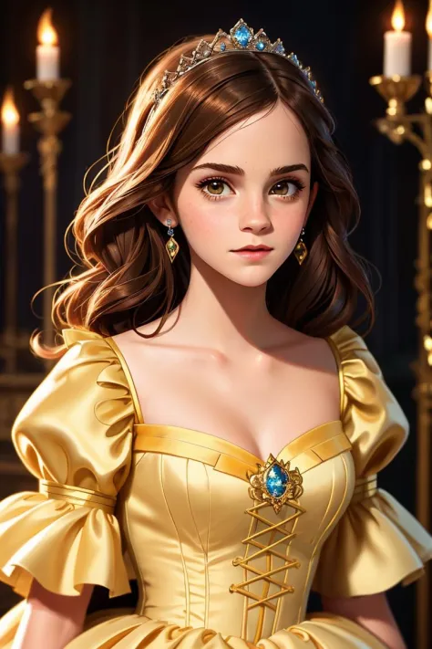 (princess),emma watson, belle from beauty and the beast,disney style,cute girl,full shot body, most beautiful artwork in the wor...
