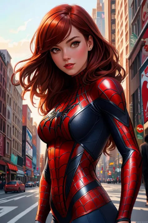 Mary Jane aus Spiderman,Rothaarige, athletischer Körper,Hintergrund zu New York City, realistischer Cartoon-Stil, realistische Hautporen, süßes Mädchen,Ganzkörperaufnahme, das schönste Kunstwerk der Welt, Professionelle majestätische Ölmalerei, Trends auf ArtStation, Trends bei cgsociety, kompliziert, Hohe Detailliertheit, scharfer Fokus, scharfes Bild,hd, realistische reflektiert,dramatisch, fotorealistische Malerei Kunst, katoonisierte, pinterest,