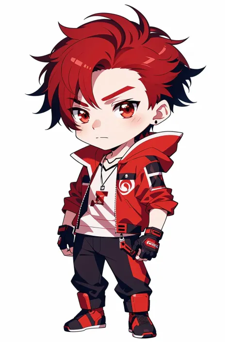 Concept art, original character design, Q version of characters, 1boy, male focus, solo, chibi, red hair, jacket, gloves, finger...