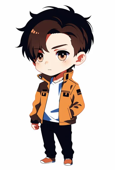 Concept art, original character design, Q version of characters, 1boy, solo, male focus, chibi, brown hair, jacket, white background, simple background, hand in pocket, cigarette, brown eyes, full body