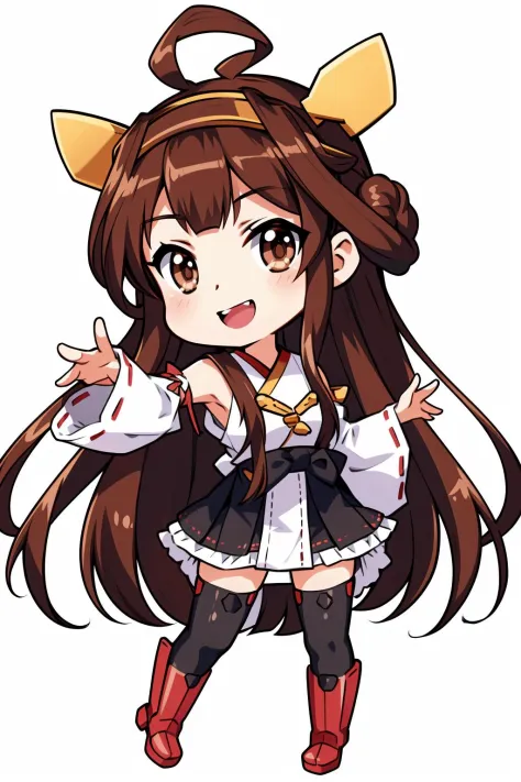 Concept art, original character design, Q version of characters, 1girl, solo, long hair, kongou (kancolle), brown hair, chibi, thighhighs, open mouth, nontraditional miko, hairband, ahoge, smile, detached sleeves, japanese clothes, thigh boots, brown eyes,...
