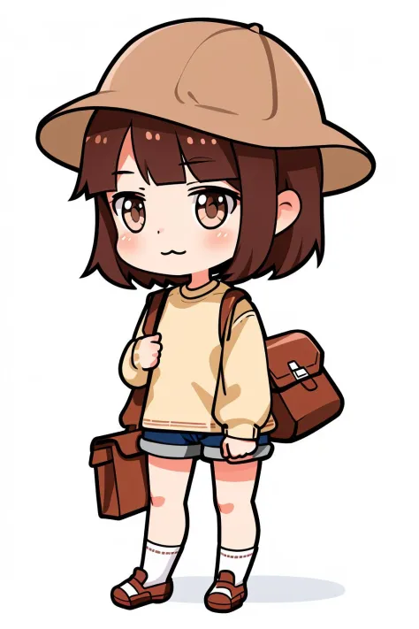 Concept art, original character design, Q version of characters, 1girl, solo, brown hair, chibi, brown eyes, bag, hat, white bac...