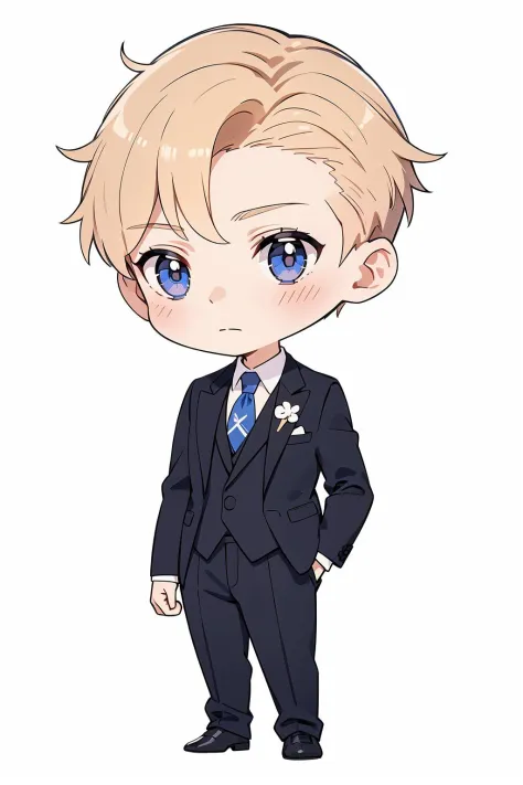 Concept art, original character design, Q version of characters, solo, 1boy, male focus, blue eyes, shirt, necktie, white backgr...