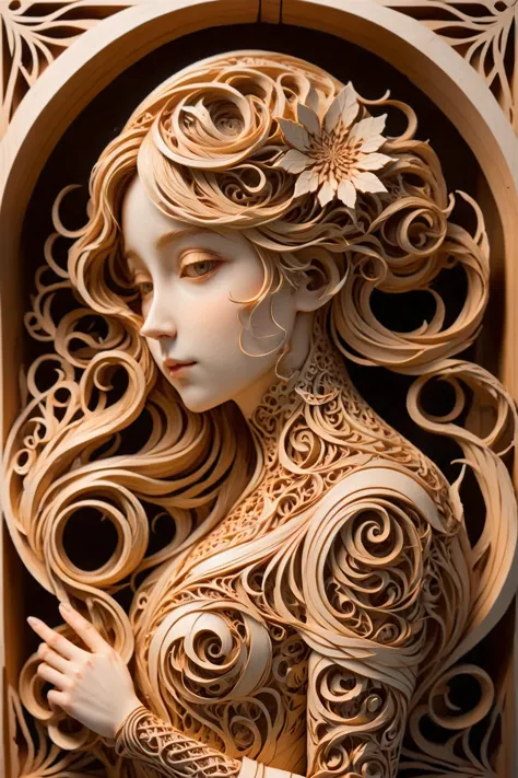 woodfigurez mural of a woman, in the style of aaron horkey, in the style of aphonse mucha  papercut, (masterpiece:1.2), best quality, (hyperdetailed, highest detailed:1.2), high resolution textures, 