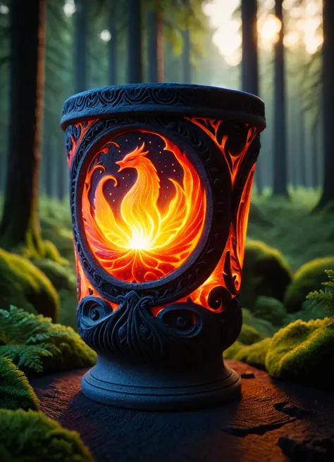 cinematic film still of luminescent hkmagic,  stone cup with 3D carvings, woman theme with forest background, decorated with glo...