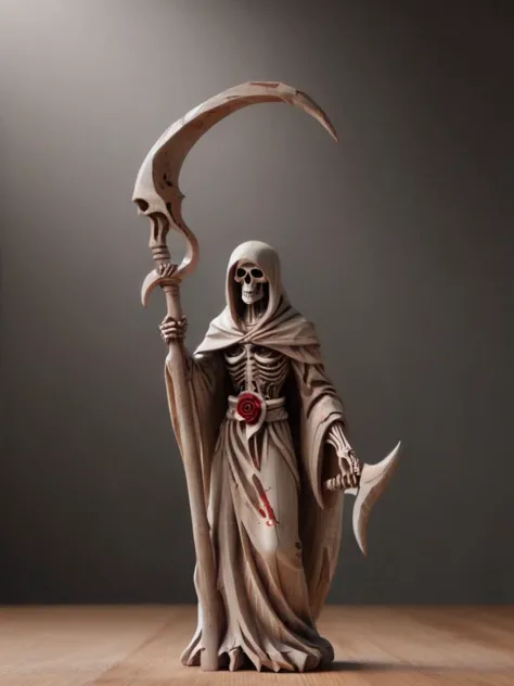 a statue of a skeleton holding a scythe with a knife