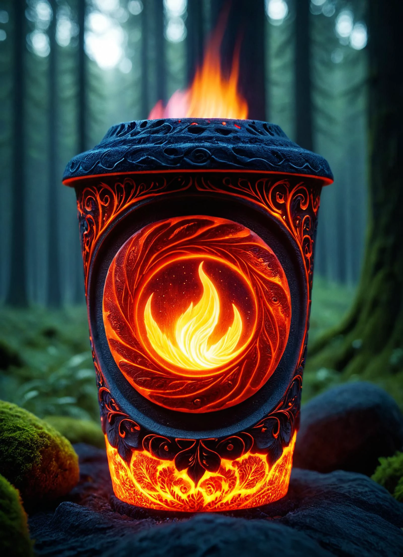 光り輝く hkmagic の映画フィルムの静止画,  女性をテーマにした 3D 彫刻が施された石のカップ, 森の背景, decorated with glowing 火 accents, 芸術の傑作, 視覚的に素晴らしい, 複雑なディテール, シャープなフォーカス, 55ミリメートルF/ 1.8レンズ, 被写界深度, 自然光 woodfigurezr (((十分, 青い火))), 発光から, (火:1.5), shallow 被写界深度, ビネット, 非常に詳細な, 高予算, ボケ, シネマスコープ, 不機嫌な, すごい, 素敵, フィルムグレイン, grainy ral-十分 zavy-flrscnc, 蛍光粉塵, 輝くほこり