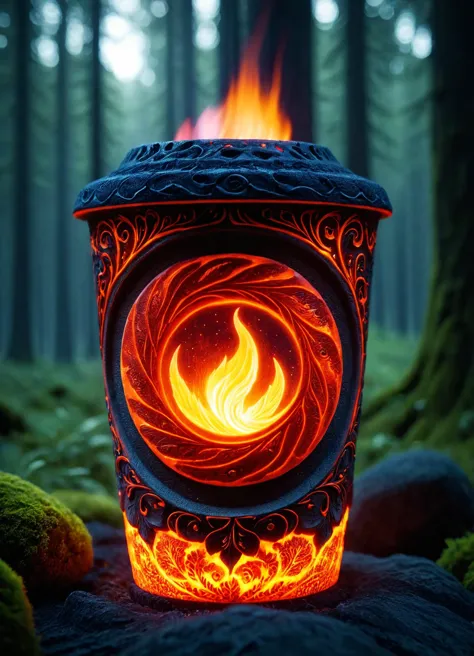 cinematic film still of luminescent hkmagic,  stone cup with 3D carvings with woman theme, forest background, decorated with glo...