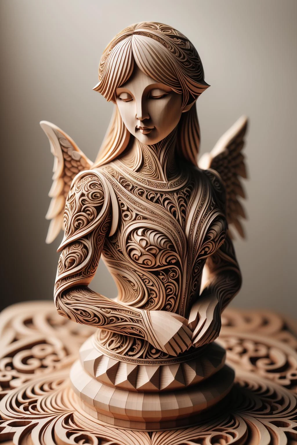 woodfigurez, closeup shot, masterpiece wood carving, angel carved out of big block of wood, detailed carving (painted with varnish colors:1.2), artistic style 