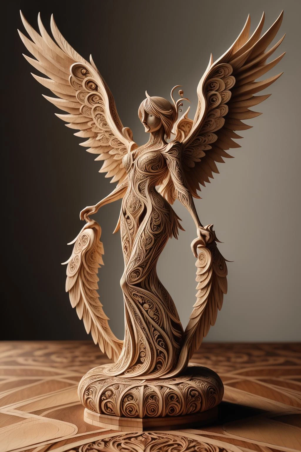 woodfigurez, closeup shot, full body, masterpiece wood carving, pixie with 2 wings carved out of big block of wood, detailed carving (painted with varnish colors:1.2), artistic style 