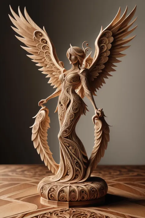 woodfigurez, closeup shot, full body, masterpiece wood carving, pixie with 2 wings carved out of big block of wood, detailed car...