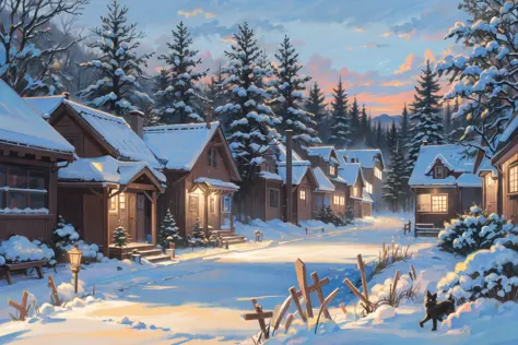 ((masterpiece, best quality)), a vast and fantastical landscape stretching out into the distance, cozy village, wood, winter, sn...