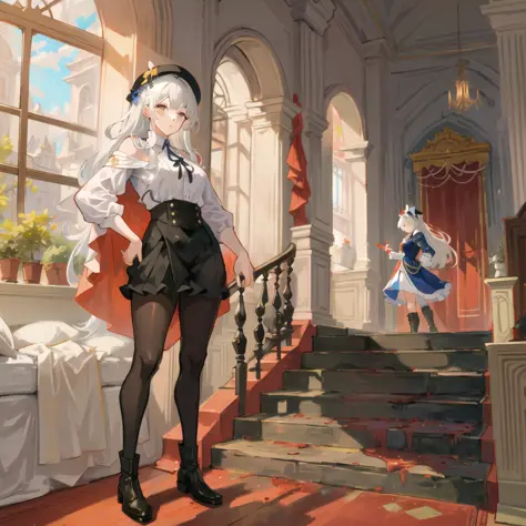 ((masterpiece, best quality)), multiple girls, large breasts, right clothes, dress, stairs, tall girl, long hair, railing, standing, white hair, black dress, window, boots, scenery, indoors, arch, black footwear, evening, dawn,, by Honor Daumier