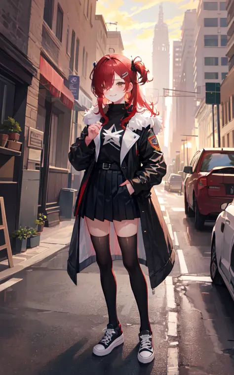 solo, 1girl, smile, standing, hand in pocket, long red hair, hair over one eye, hairclip, brown eyes, fur-trimmed coat, black sh...