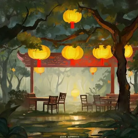 magical tea shop, hanging chinese lanterns, in a deep lush forest, rain, foggy overcast, night time, gloomy, beautiful, atmosphe...