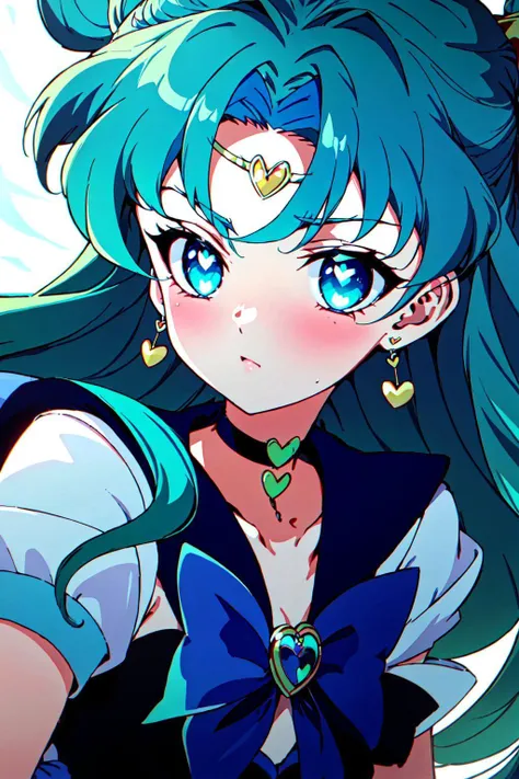 a close up of a anime girl with blue hair and a bow