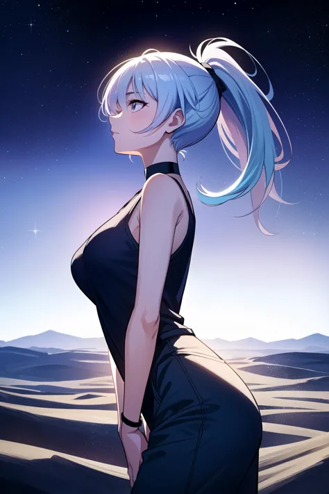 a woman with blue hair and a black dress standing in the desert