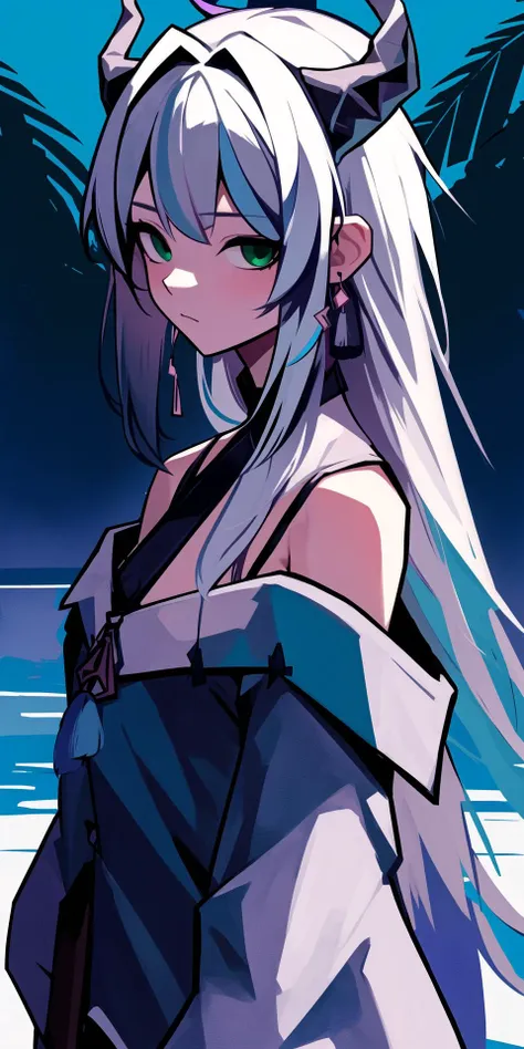 a woman with long white hair and horns standing in front of a body of water