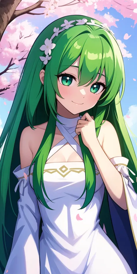 a woman with green hair and a white dress standing under a tree