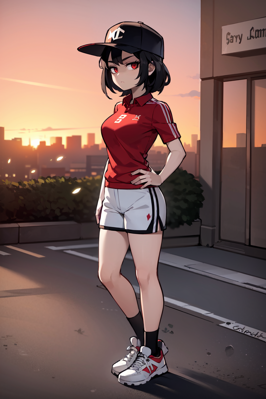 Anime girl in a baseball cap and shorts standing on the street - SeaArt AI