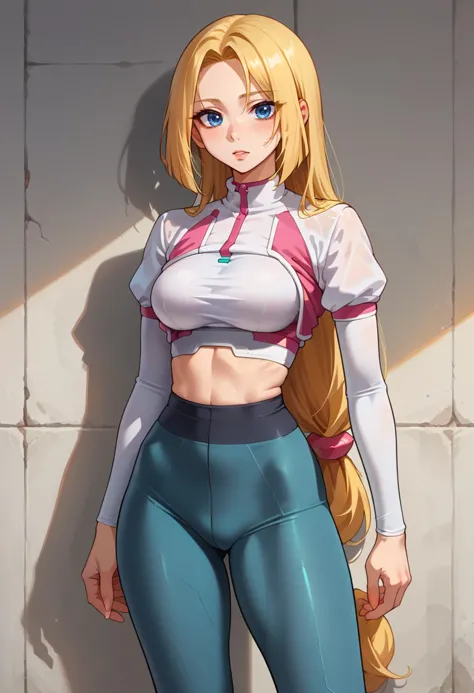 a woman with long blonde hair and blue pants standing in front of a wall