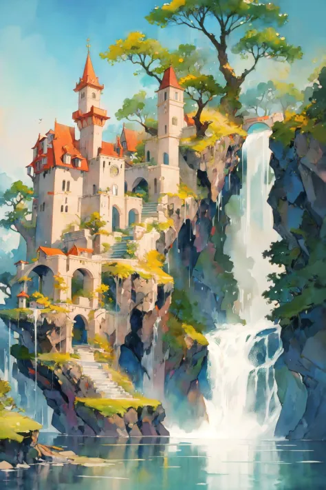 -watercolor, tree, no humans, scenery, waterfall, water, castle, bird, fantasy <lora:watercolor_20230906151716-000018:0.8>