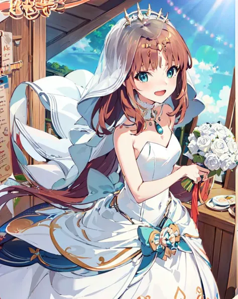 1girl, standing, looking at viewer,
nilou (genshin impact), long hair, bangs, red hair, parted bangs, twintails, nail polish, aqua eyes, very long hair, 
(white wedding dress:1.3), wedding ring, bridal veil, white dress, white gown, very long dress,
looking at viewer, 