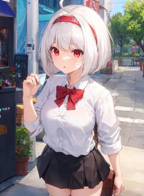 1girl,ahoge, android, white hair, headband, bob cut, red eyes, white shirt, short skirt,