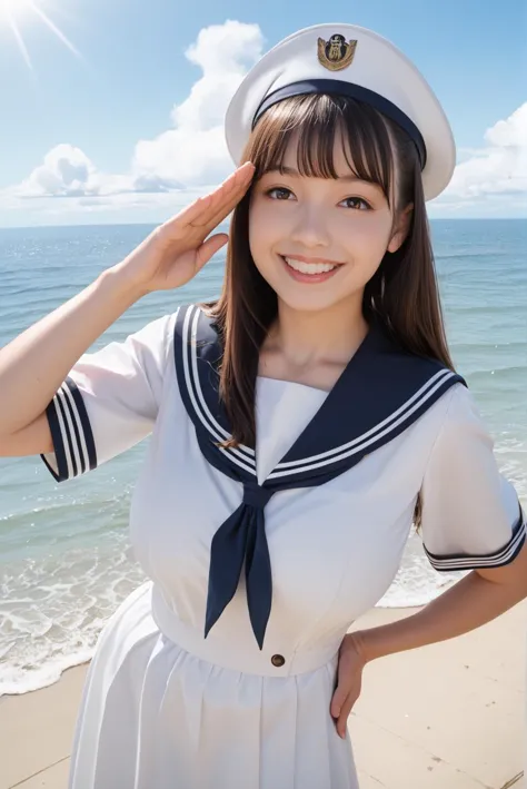 score_9,score_8_up,score_7_up,
from above,1girl, solo, hat, long hair, smile, ocean, sailor collar, day, outdoors, sky, looking at viewer, dress, hand on hip, brown hair, realistic, sailor hat, brown eyes, sailor dress, water, cloud, teeth, bangs, huge breasts, blue sky, salute, breasts, white headwear, sunlight, lips, cowboy shot
 slim body,(high detailed skin:1.2),8k uhd,dslr,soft lighting,high quality,film grain,Fujifilm XT3 sharp focus,f 5.6,
<lora:add-detail-xl:0.5>,