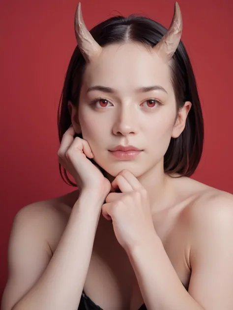 a close up of a woman with horns on her head