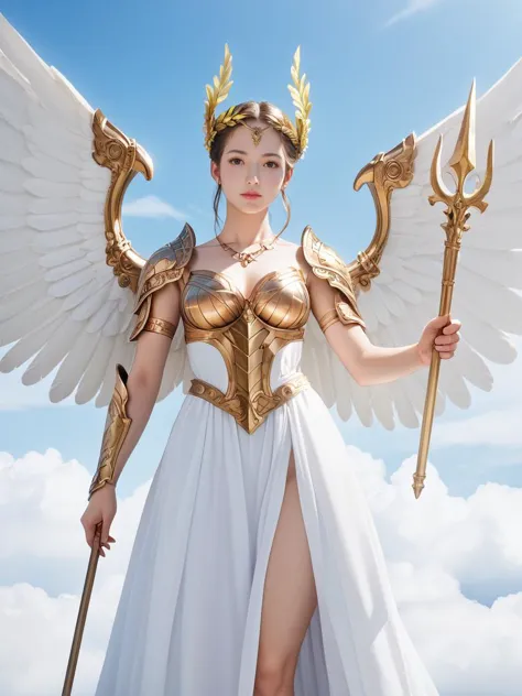 a woman in a white dress holding a golden spear and a golden angel