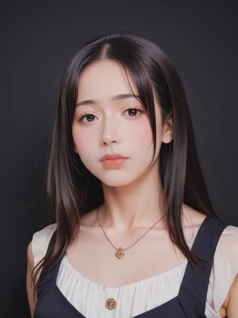 a woman with long hair wearing a black dress and a necklace