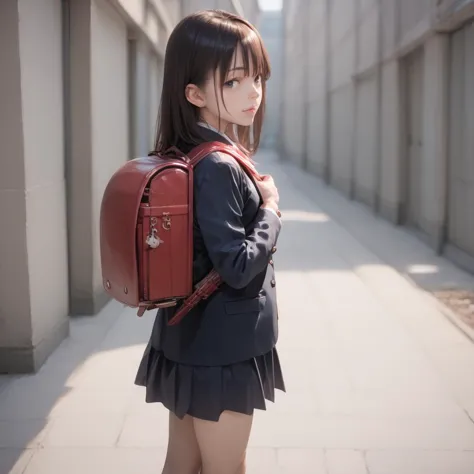 arafed asian girl in a school uniform with a red backpack