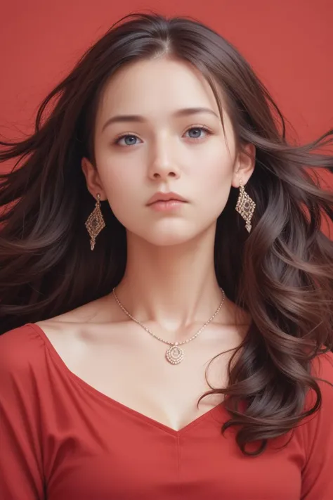 a woman with long hair wearing a red top and earrings