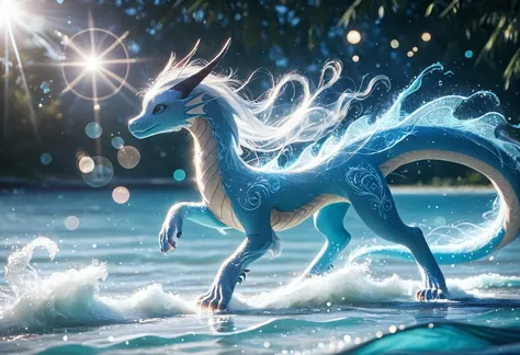 a close up of a dragon with long hair running in the water