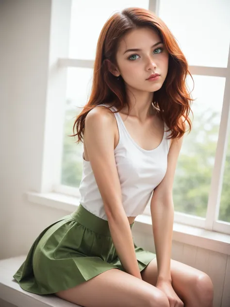 a close up of a woman sitting on a window sill