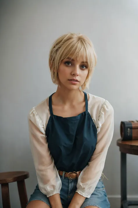 a close up of a woman sitting on a chair with a purse