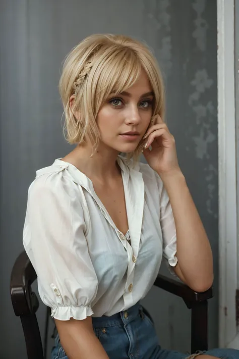 a close up of a woman sitting in a chair with a hand on her chin