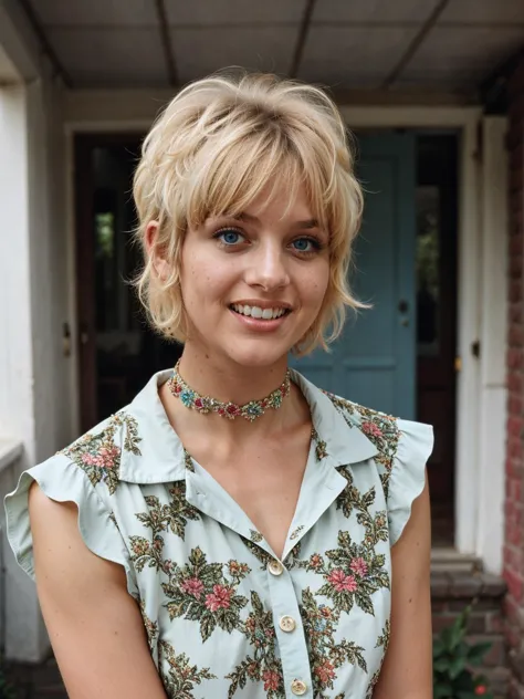 blonde woman with blue eyes and a floral shirt smiling