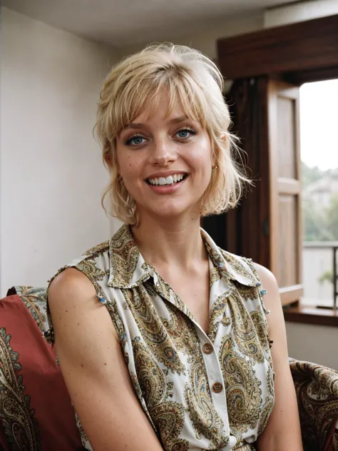 blond woman with blue eyes sitting on a couch in a room