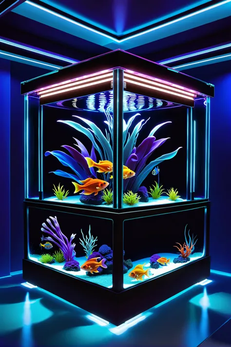 a fish tank with a fish inside of it in a room