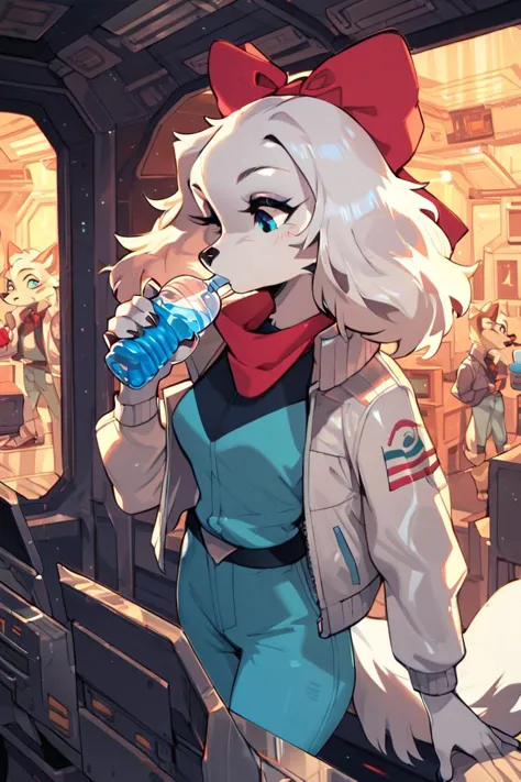 score_9, score_8_up, score_7_up, <lora:Fay_Sinclair_Fay_Spaniel_Star_Fox:1> 1girl, fay, furry, in spaceship, drinking, water bottle